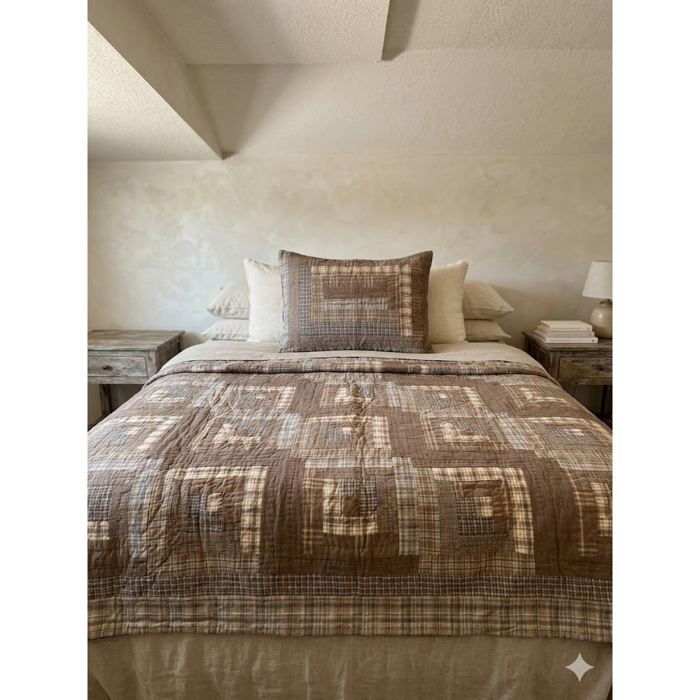 Woolrich‎ Home Log Cabin Patchwork Quilt Brown Plaid Rustic Cabin Throw Sham Set